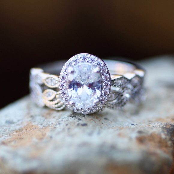 Handcrafted White Sapphire Engagement Ring Wedding Set Sterling Silver Size 6 - Picture 10 of 12